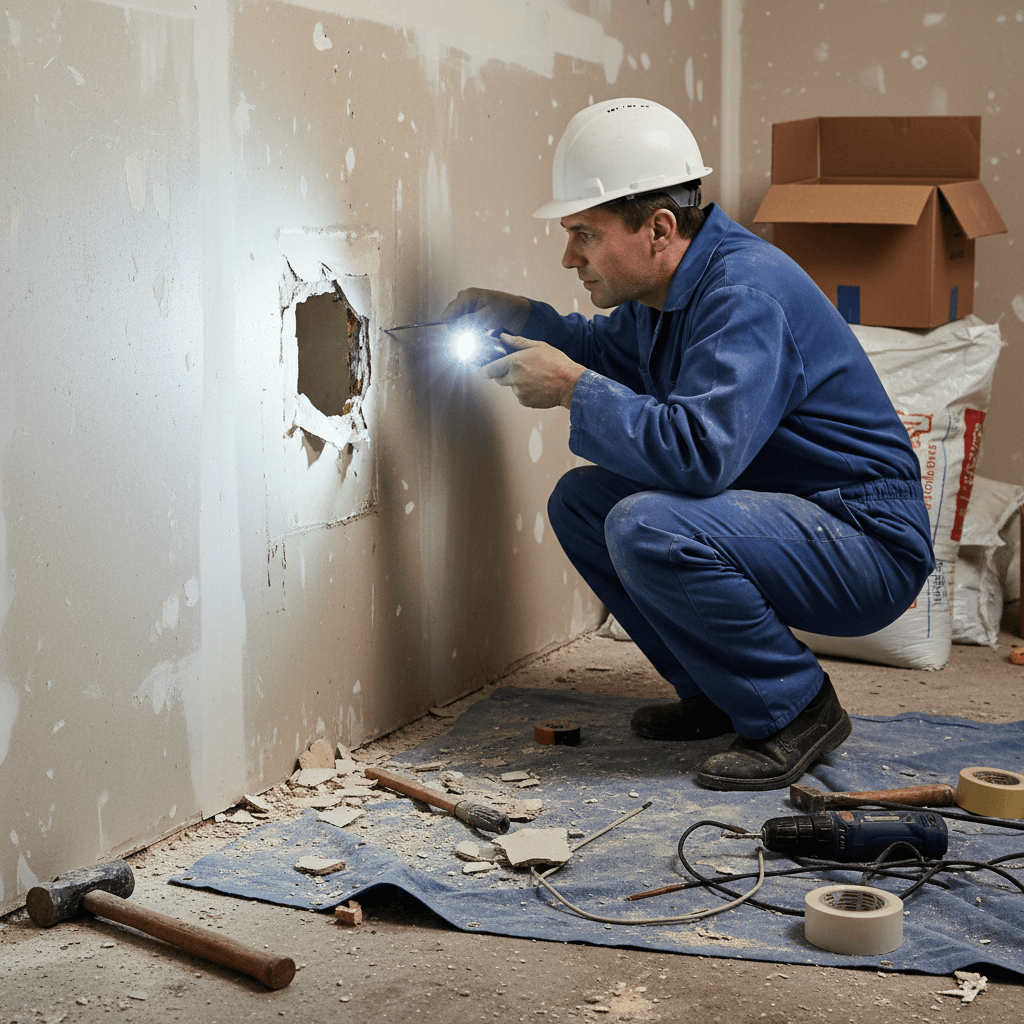 Techniker untersucht Wanddurchbruch mit Taschenlampe