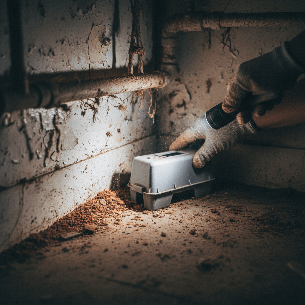 Kammerjäger Ratten bei der Platzierung einer Köderbox im Keller